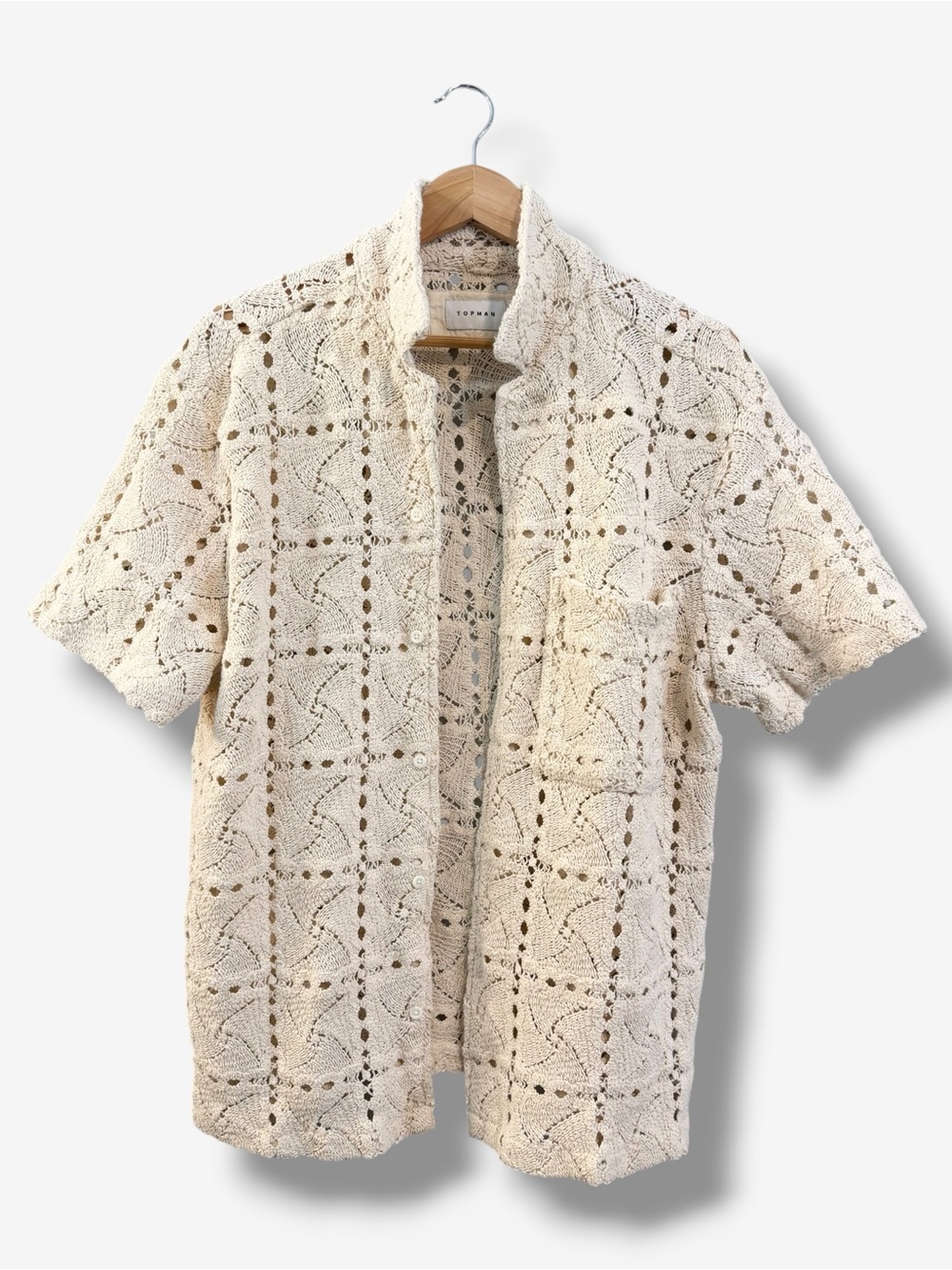 Topman Ivory Crochet Camp Shirt Men’s M Collar Open Knit Resortwear Button Down